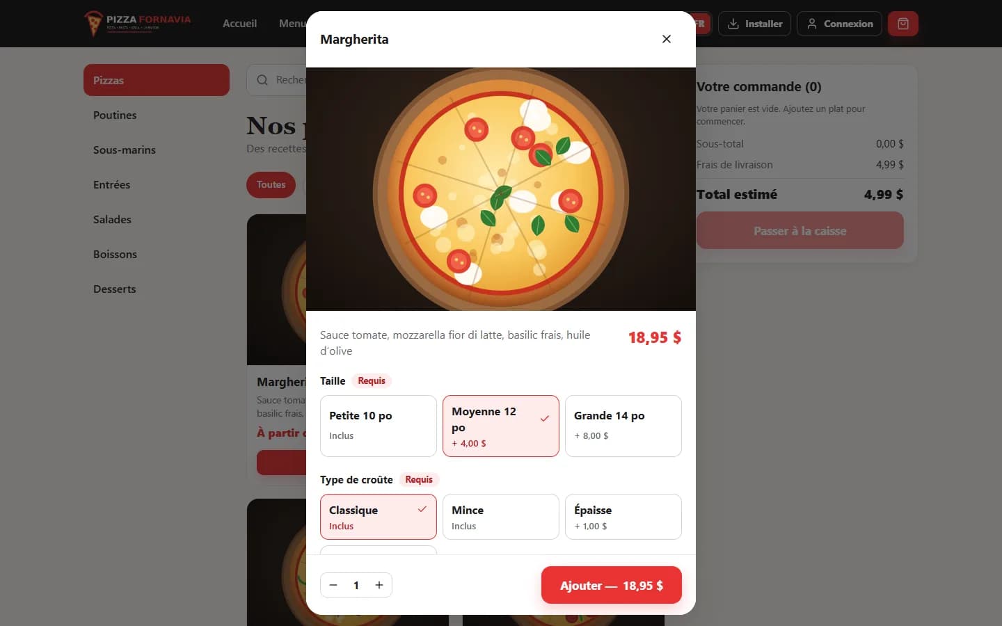 Delivery App — Tailles, croûtes et extras