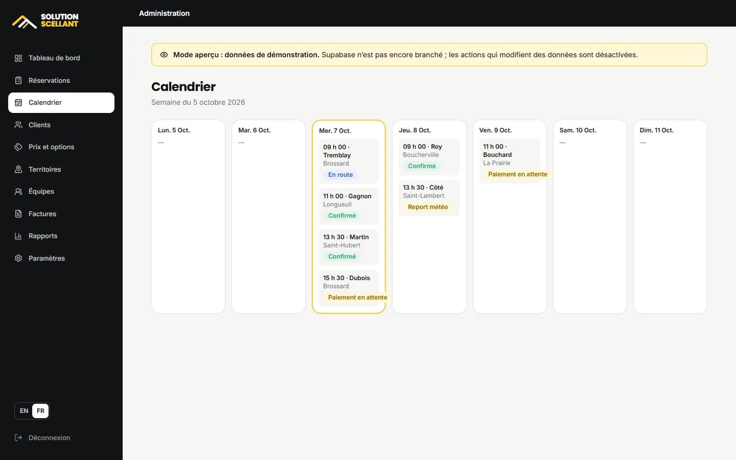 SealFlow — Calendrier des équipes