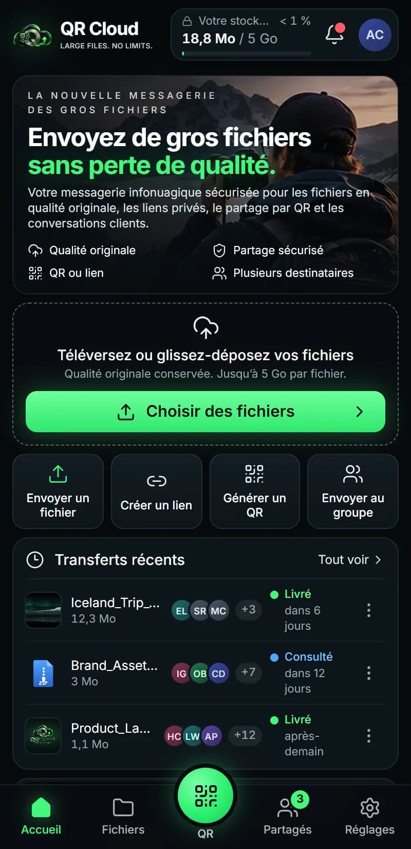 QR Cloud — Tableau de bord sur mobile
