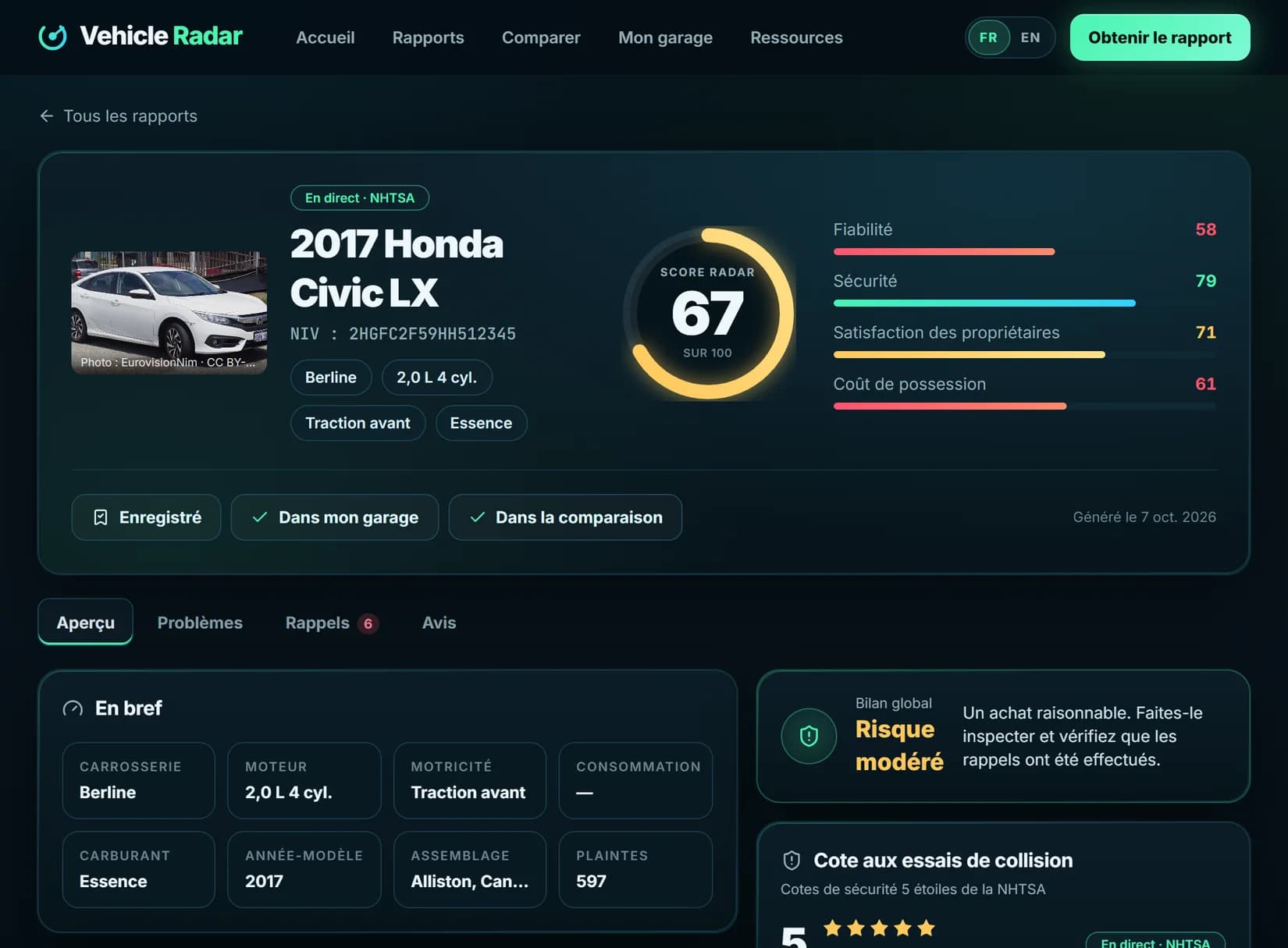 Vehicle Radar — Rapport du véhicule