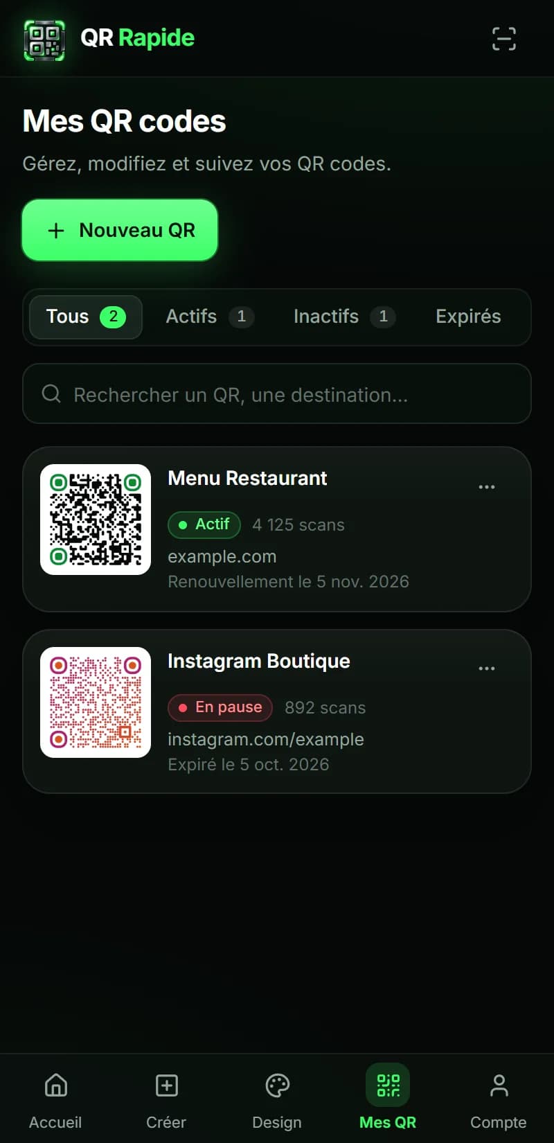 QR Rapide — Mes QR sur mobile