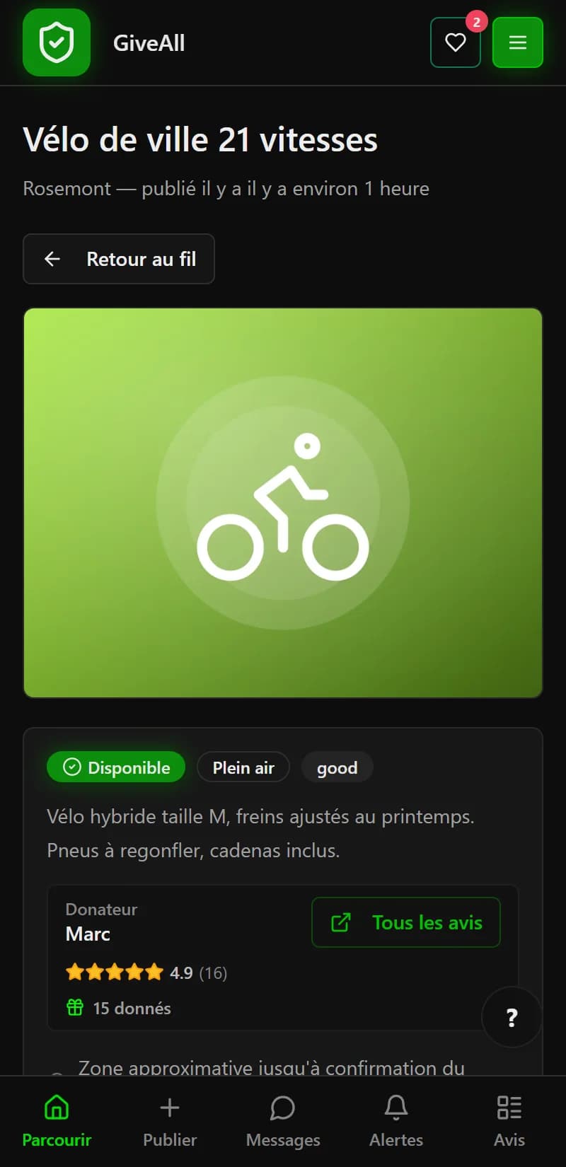 GiveAll — Fiche d'un objet sur mobile