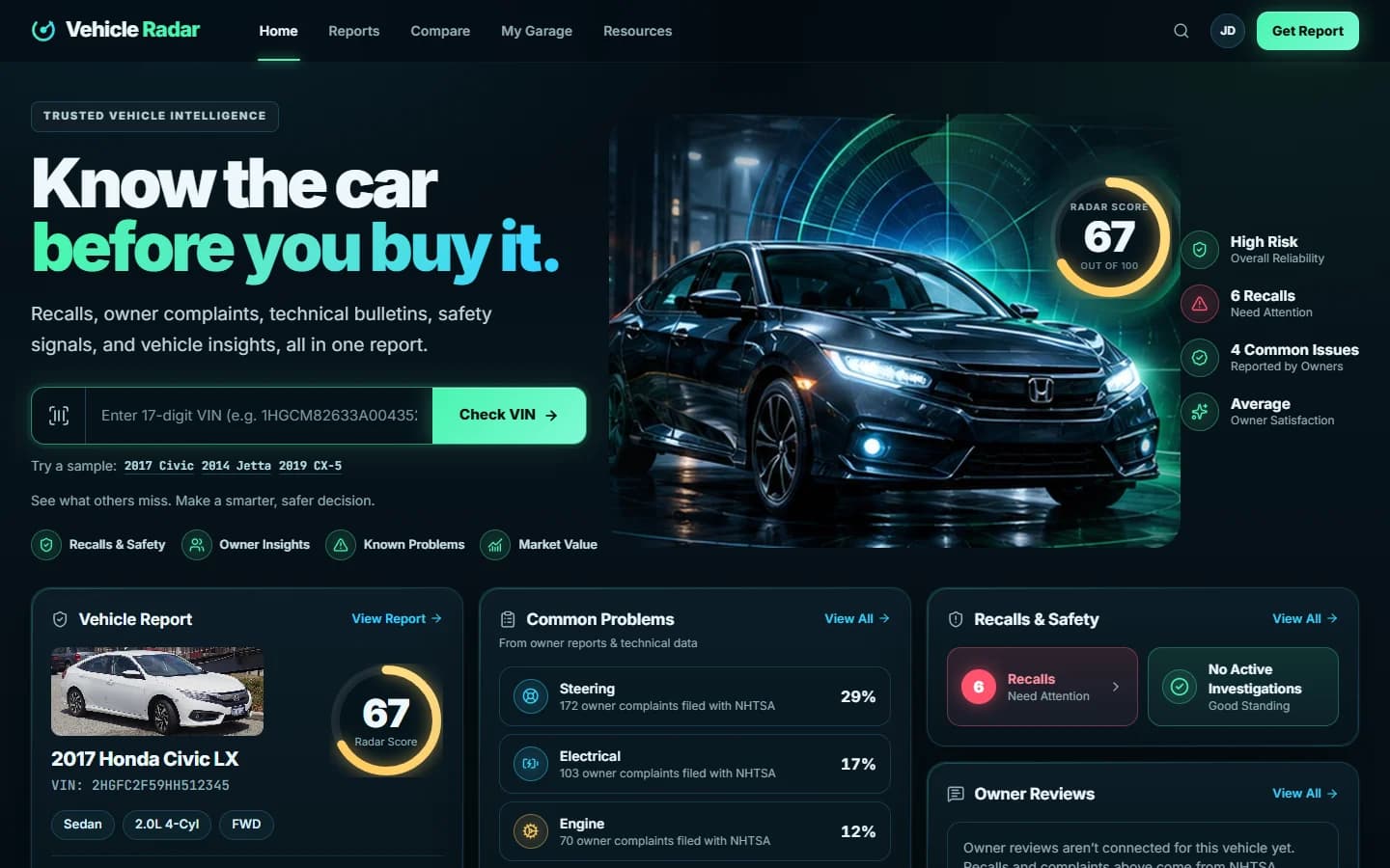 Vehicle Radar — Accueil et recherche par NIV