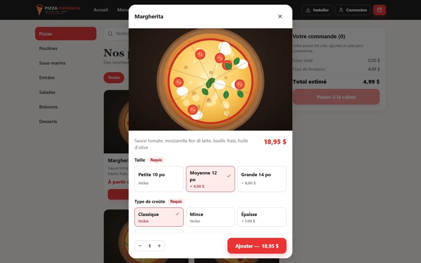 Delivery App — Sizes, crusts and extras