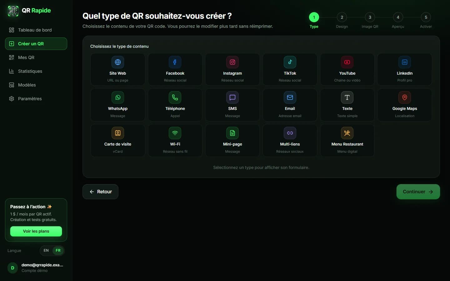 QR Rapide — Choix du type de QR