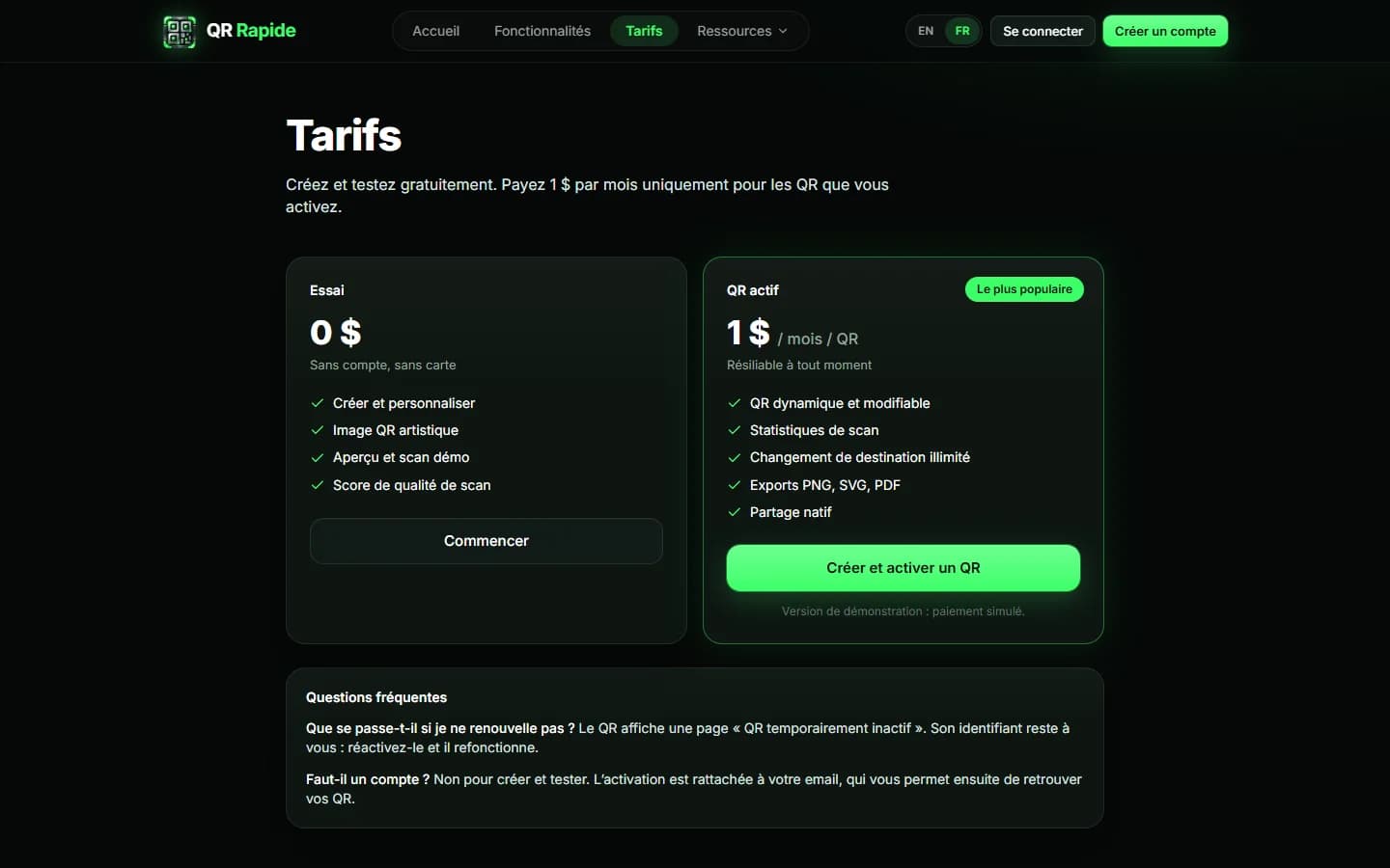 QR Rapide — Tarifs