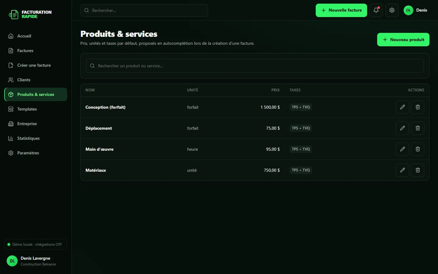 Facturation Rapide — Produits et services