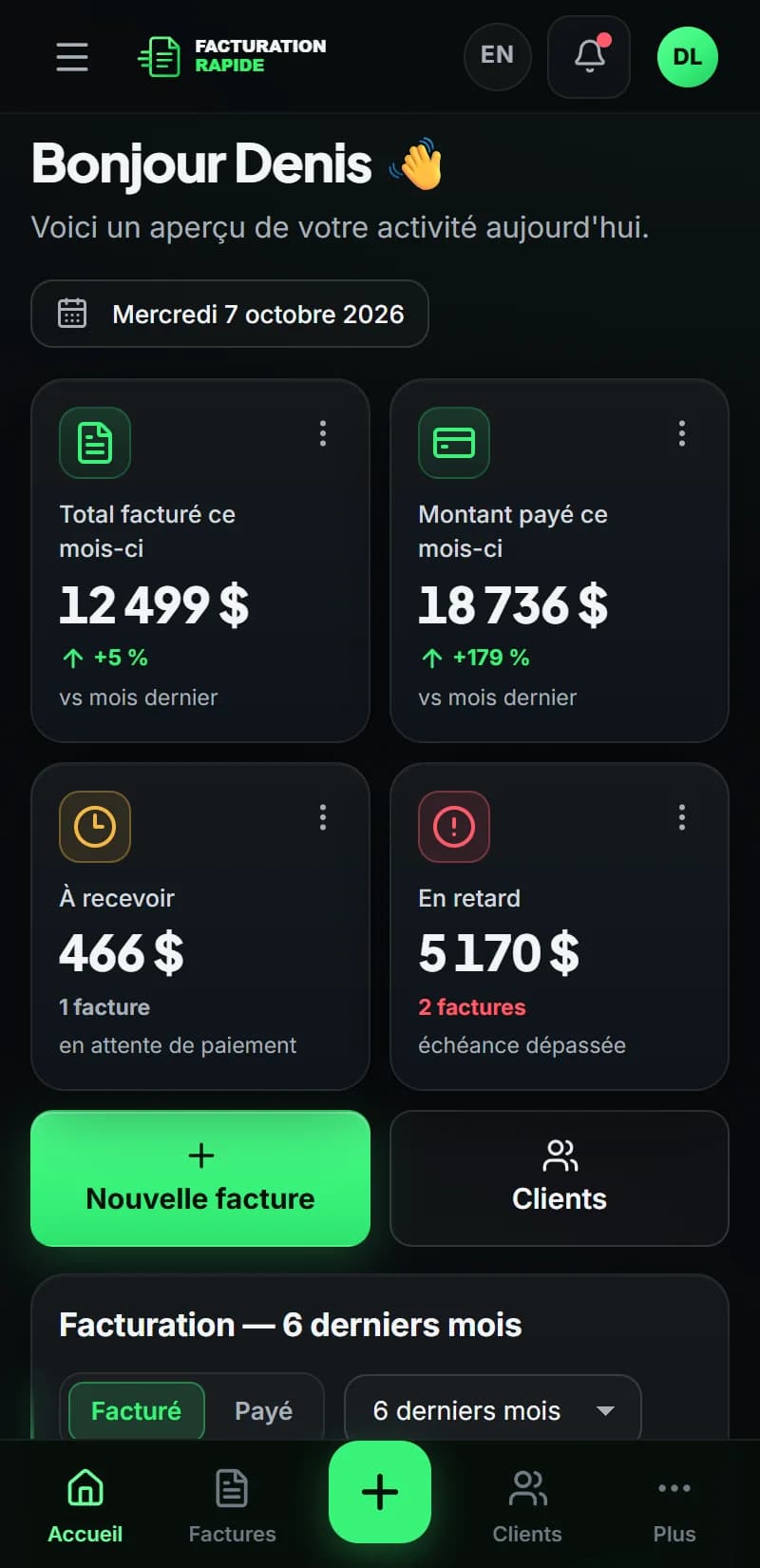 Facturation Rapide — Tableau de bord sur mobile