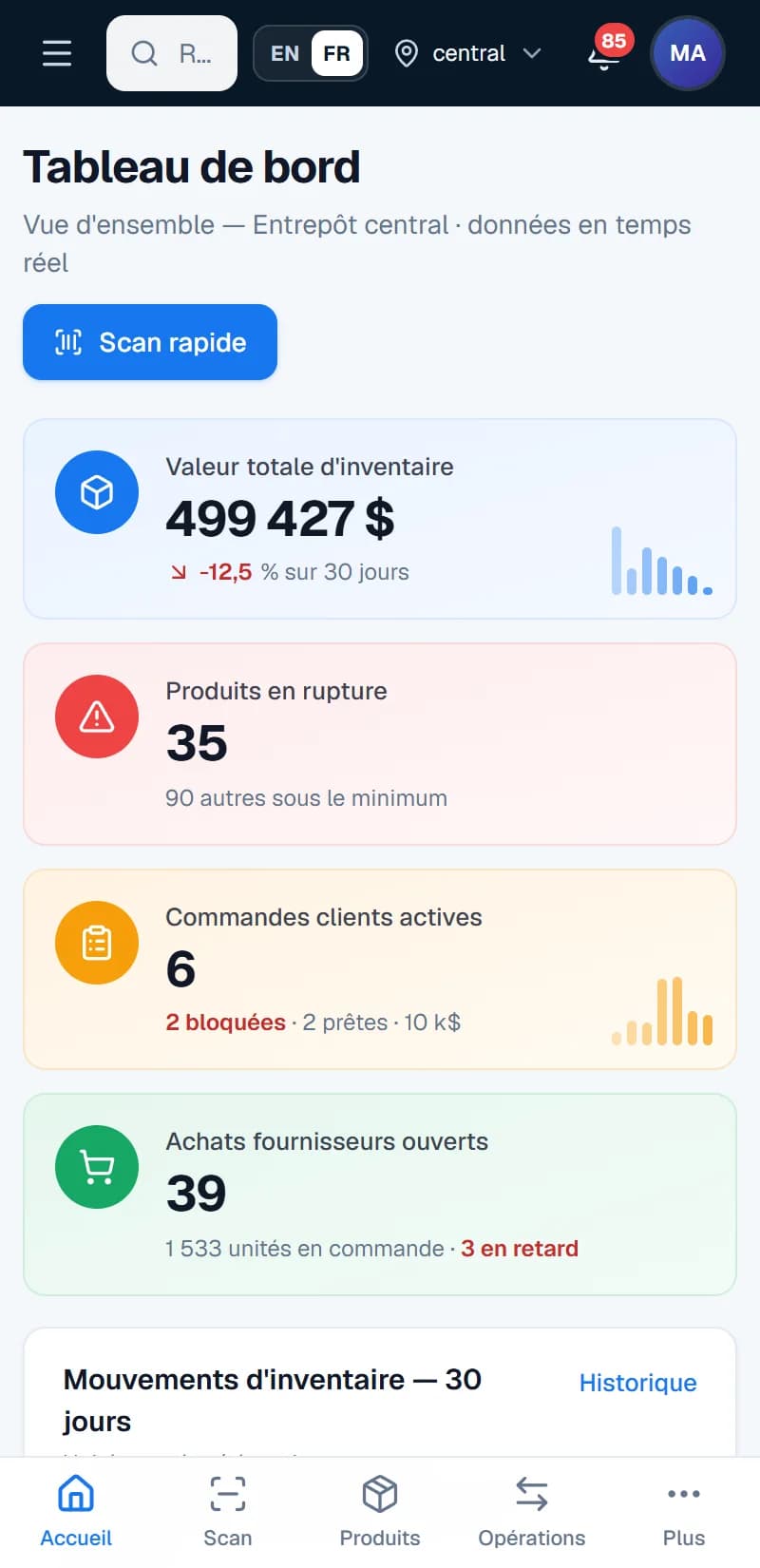 Nexora Inventory — Tableau de bord sur mobile