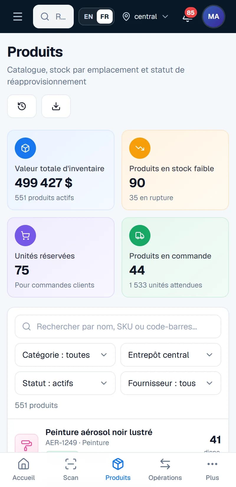 Nexora Inventory — Produits sur mobile