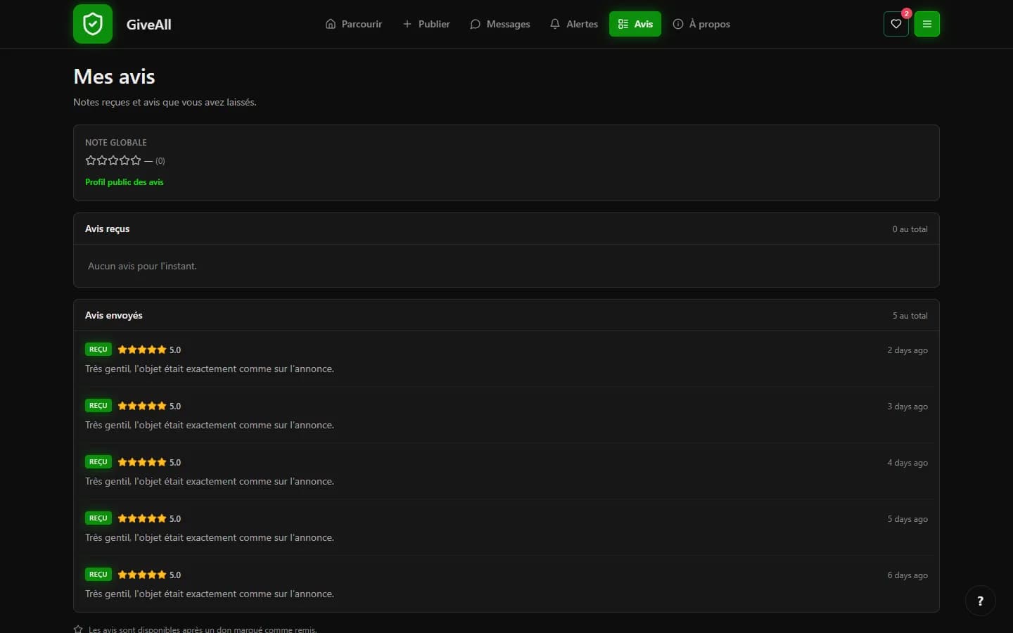GiveAll — Avis entre membres