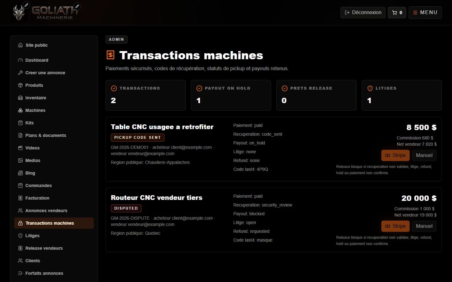 Goliath CNC — Administration : transactions de machines