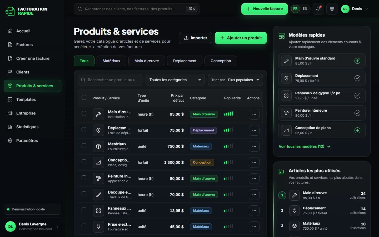 Facturation Rapide — Produits et services