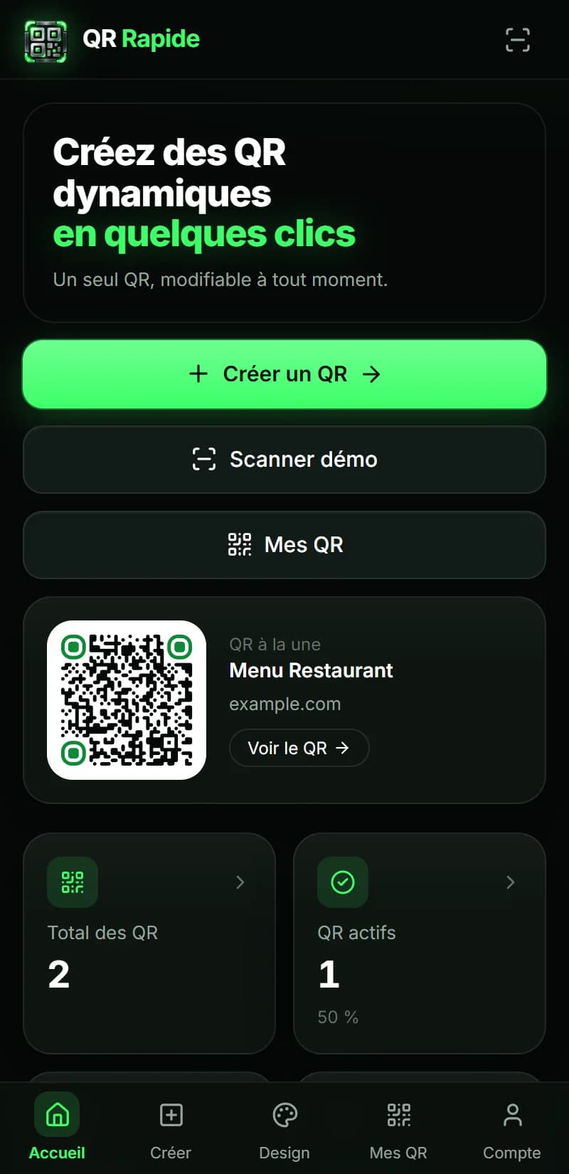 QR Rapide — Tableau de bord sur mobile