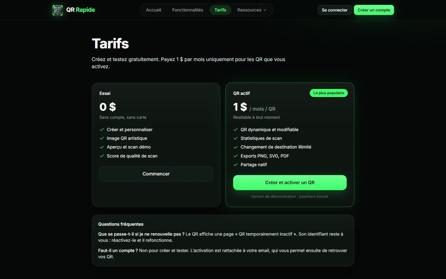 QR Rapide — Tarifs