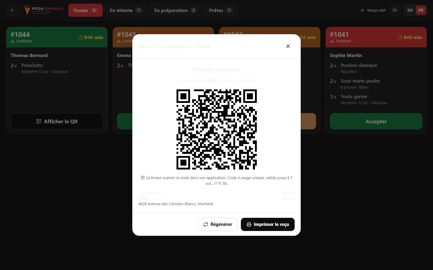 Delivery App — QR de la commande prête