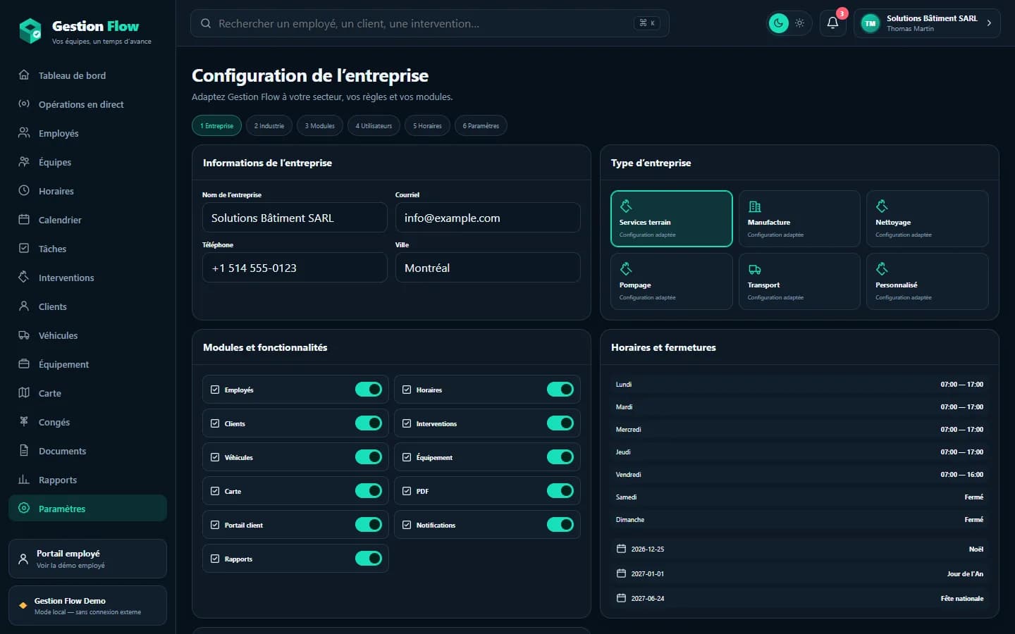 Gestion Flow — Configuration de l'entreprise