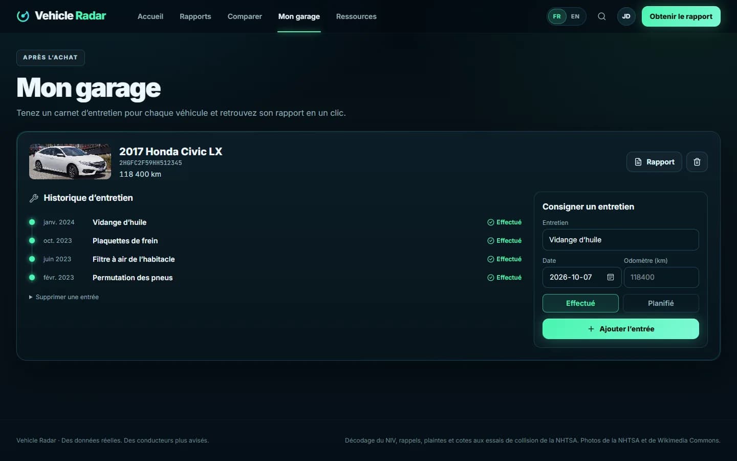 Vehicle Radar — Mon garage et entretien
