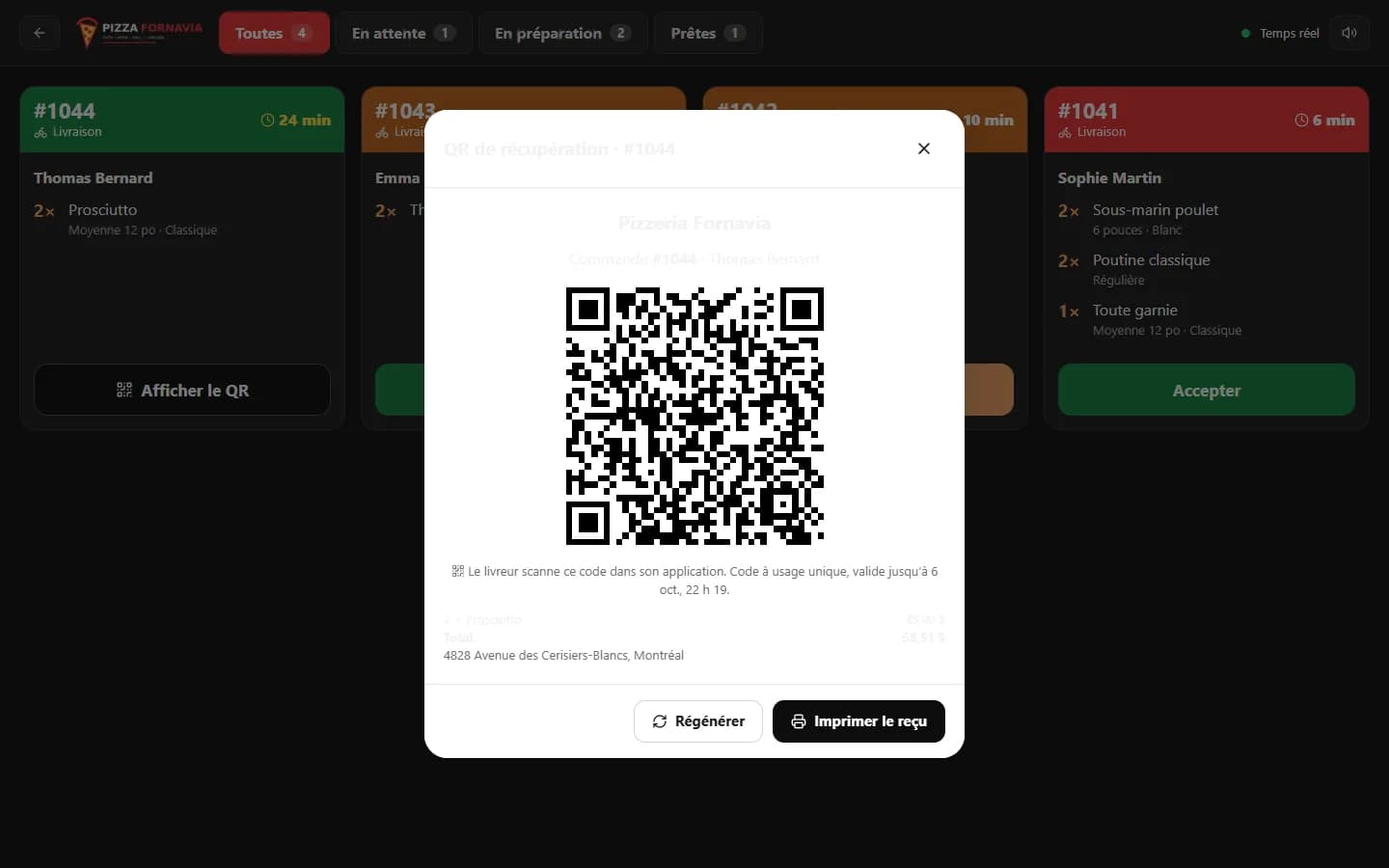 Delivery App — QR code of a ready order