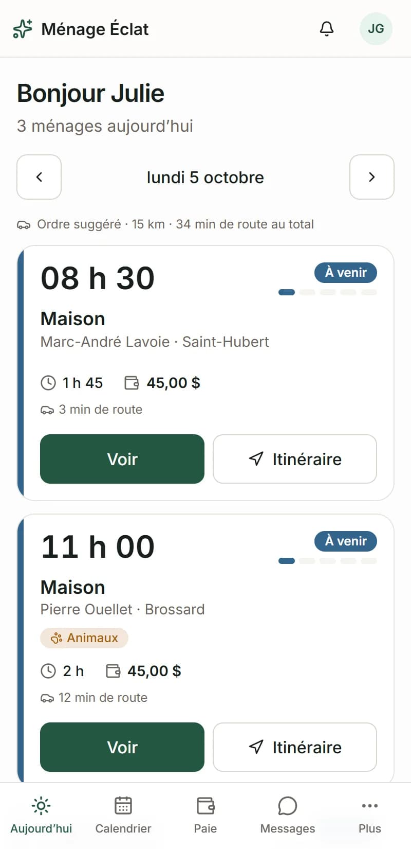 CleanFlow — Application employé : ménages du jour