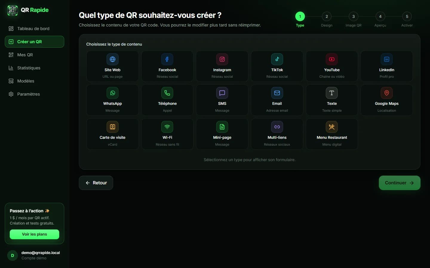 QR Rapide — Choix du type de QR