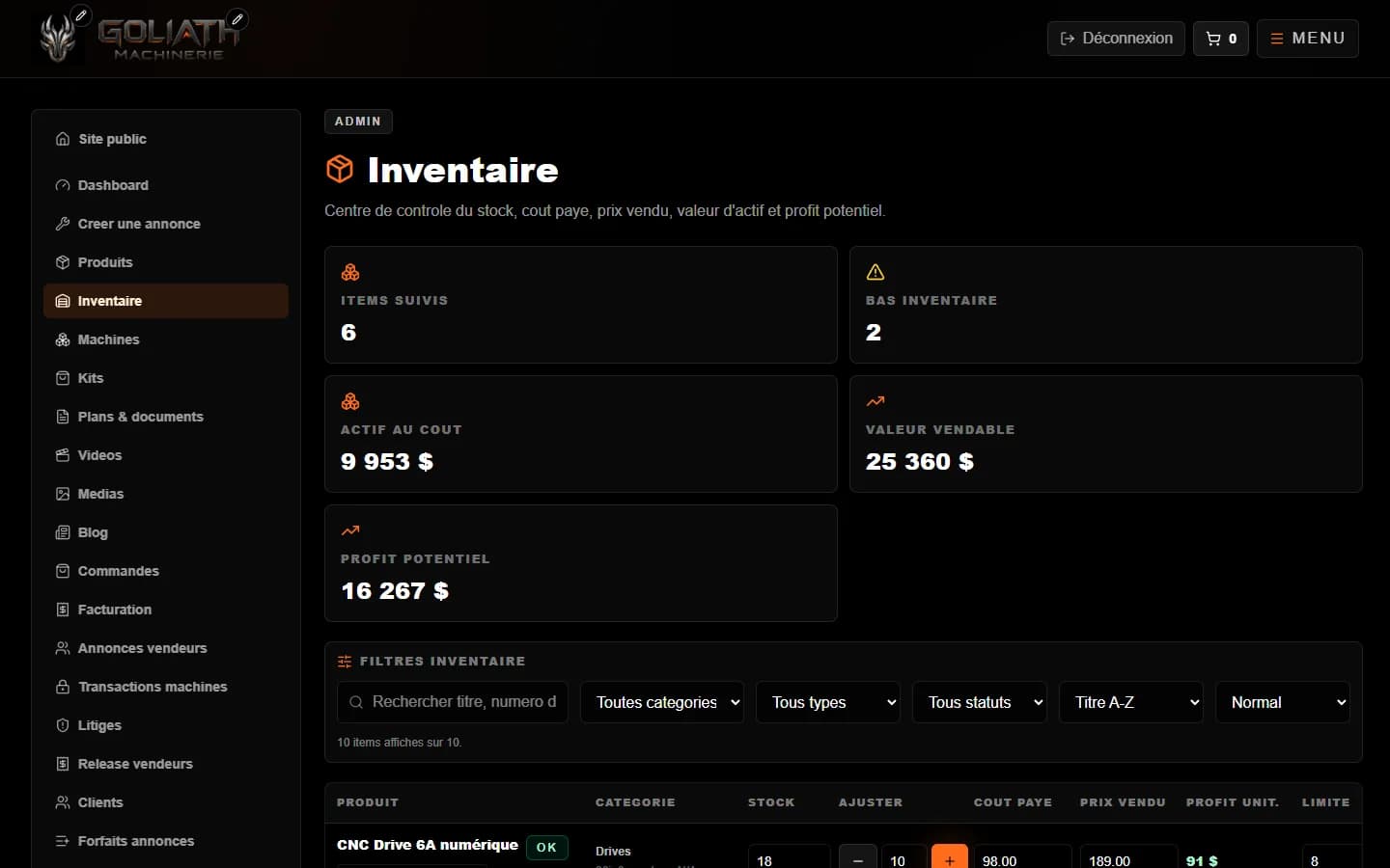 Goliath CNC — Administration : inventaire