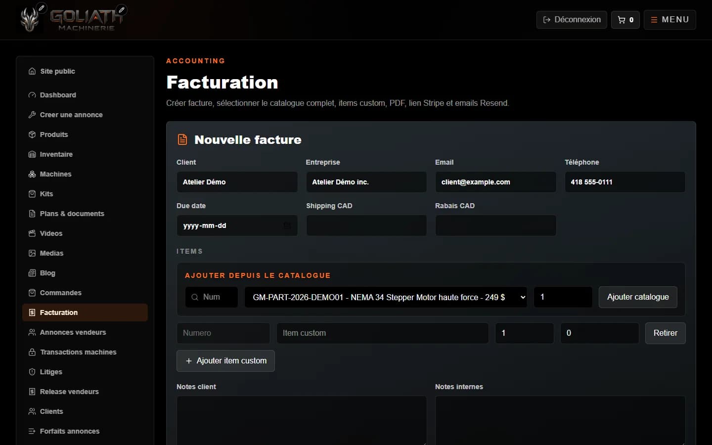 Goliath CNC — Administration : facturation
