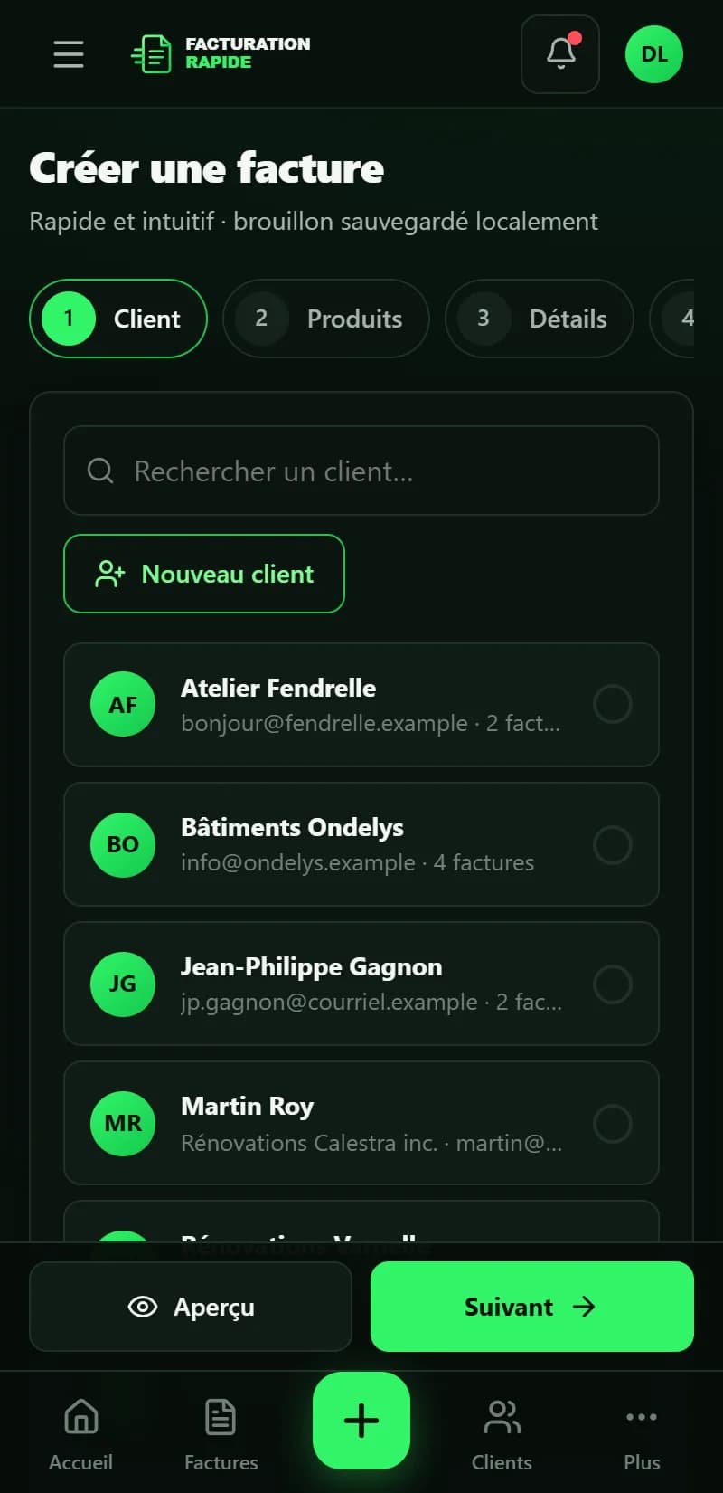 Facturation Rapide — Nouvelle facture sur mobile
