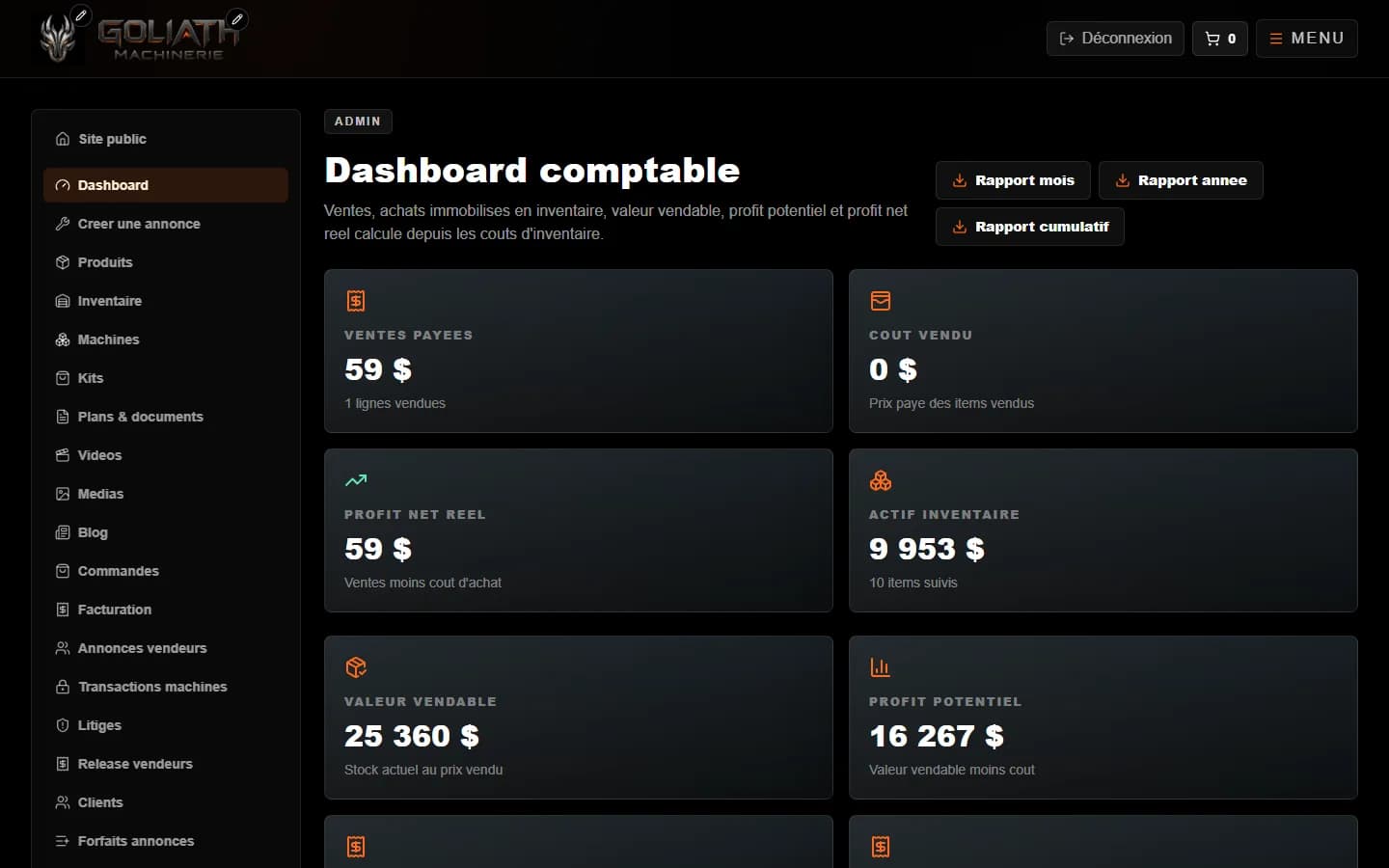 Goliath CNC — Administration : tableau de bord