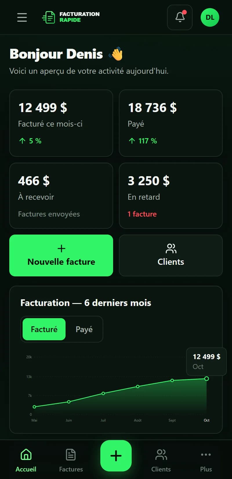 Facturation Rapide — Tableau de bord sur mobile